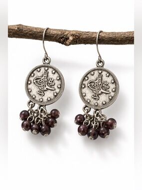 Ottoman Coin Earrings • Aubergine Bead Cluster • Boho Silver Dangle